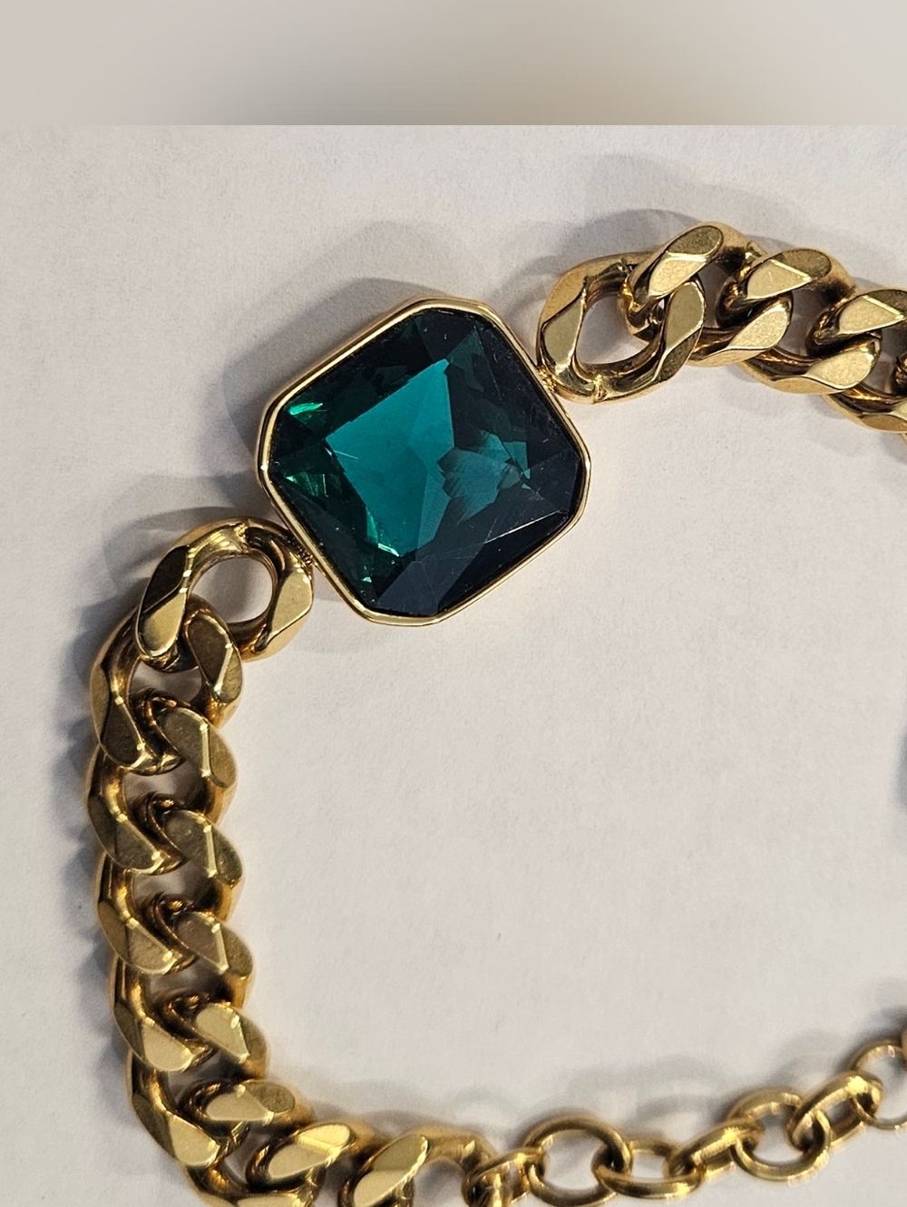 Gold Chain Bracelet with Emerald Green Square Crystal